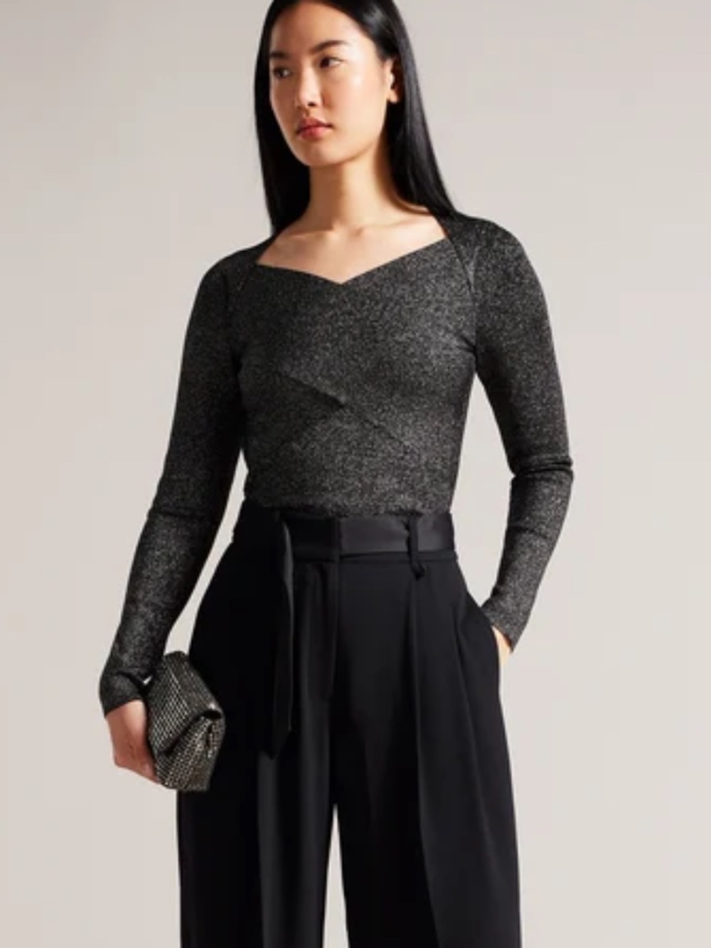 Ted Baker Eloisy Metallic Shimmer Sweetheart Knit Top Black Silver XS